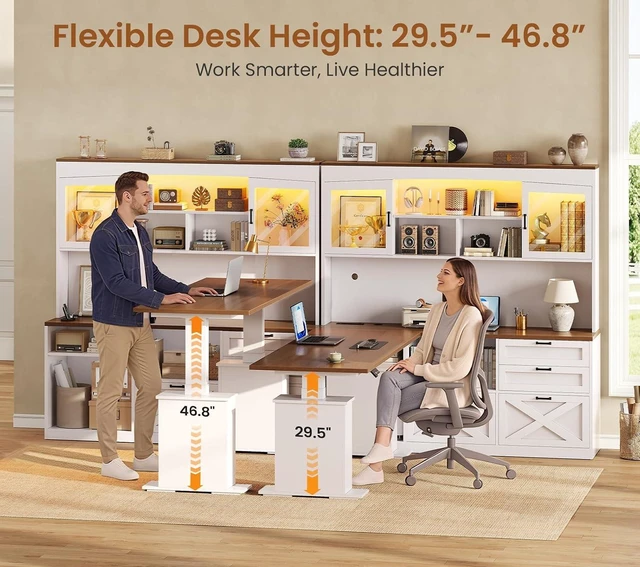 Alt view image 7 of 7 - 69" L Shaped Gaming Standing Desk with 4 Drawers, Storage Bookshelf, Farmhouse Height Adjustable Office Desk with Storage Shelves, LED Lights, Power Outlet for Home Office & Gaming