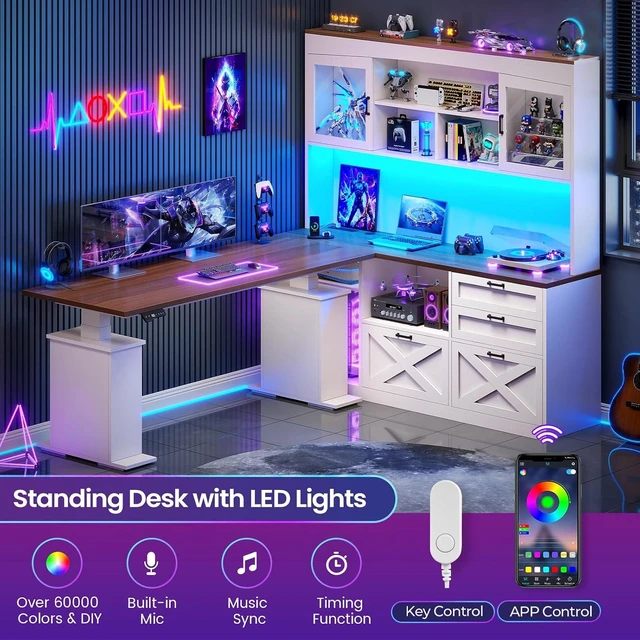 Alt view image 4 of 7 - 69" L Shaped Gaming Standing Desk with 4 Drawers, Storage Bookshelf, Farmhouse Height Adjustable Office Desk with Storage Shelves, LED Lights, Power Outlet for Home Office & Gaming