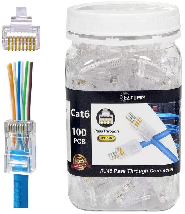 Main image of 100-Pack RJ45 Pass Through Connector, RJ45 Connectors, Premium Cat 6 Connectors 8P8C Gold Plated, Pass Through RJ45 Cat6 Cat 5 Connector Ends for Solid or Stranded UTP Ethernet Cable