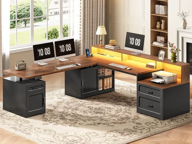 Main image of Farmhouse L Shaped Standing Electric Desk with Storage, 76.8" x 72.8" Office Desk with 2 Drawers, Storage Cabinet, Power Outlet, Monitor Stand, Led Lights for Home Office