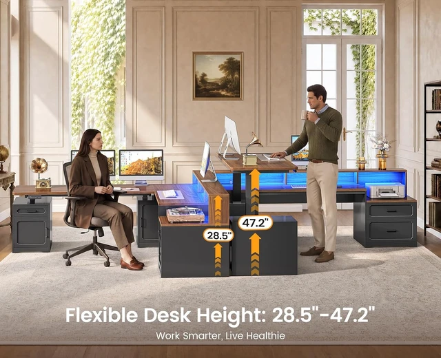 Alt view image 5 of 7 - Farmhouse L Shaped Standing Electric Desk with Storage, 76.8" x 72.8" Office Desk with 2 Drawers, Storage Cabinet, Power Outlet, Monitor Stand, Led Lights for Home Office