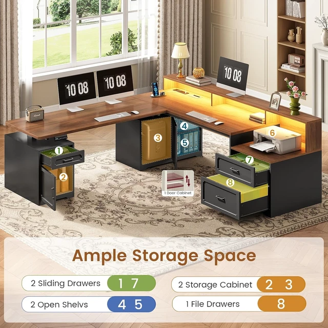 Alt view image 6 of 7 - Farmhouse L Shaped Standing Electric Desk with Storage, 76.8" x 72.8" Office Desk with 2 Drawers, Storage Cabinet, Power Outlet, Monitor Stand, Led Lights for Home Office