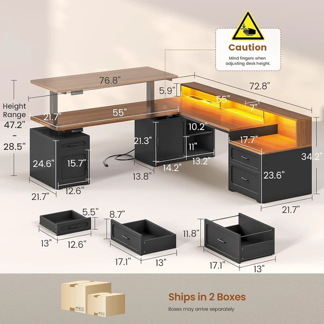 Alt view image 2 of 7 - Farmhouse L Shaped Standing Electric Desk with Storage, 76.8" x 72.8" Office Desk with 2 Drawers, Storage Cabinet, Power Outlet, Monitor Stand, Led Lights for Home Office