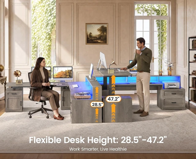 Alt view image 6 of 7 - Farmhouse L Shaped Standing Electric Desk with Storage, 76.8" x 72.8" Office Desk with 2 Drawers, Storage Cabinet, Power Outlet, Monitor Stand, Led Lights for Home Office Grey
