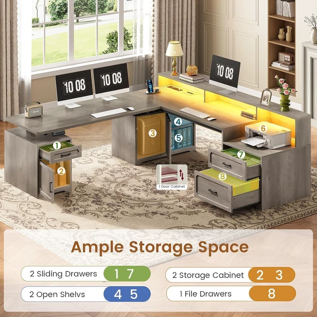 Alt view image 7 of 7 - Farmhouse L Shaped Standing Electric Desk with Storage, 76.8" x 72.8" Office Desk with 2 Drawers, Storage Cabinet, Power Outlet, Monitor Stand, Led Lights for Home Office Grey