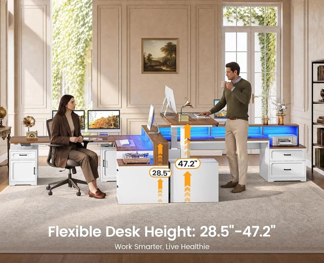 Alt view image 7 of 7 - Farmhouse L Shaped Standing Electric Desk with Storage, 76.8" x 72.8" Office Desk with 2 Drawers, Storage Cabinet, Power Outlet, Monitor Stand, Led Lights for Home Office White