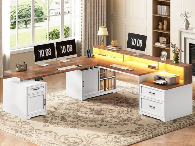 Main image of Farmhouse L Shaped Standing Electric Desk with Storage, 76.8" x 72.8" Office Desk with 2 Drawers, Storage Cabinet, Power Outlet, Monitor Stand, Led Lights for Home Office White