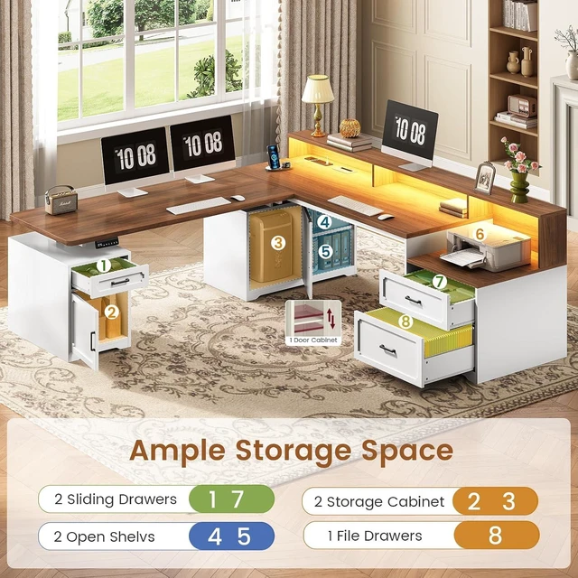 Alt view image 6 of 7 - Farmhouse L Shaped Standing Electric Desk with Storage, 76.8" x 72.8" Office Desk with 2 Drawers, Storage Cabinet, Power Outlet, Monitor Stand, Led Lights for Home Office White