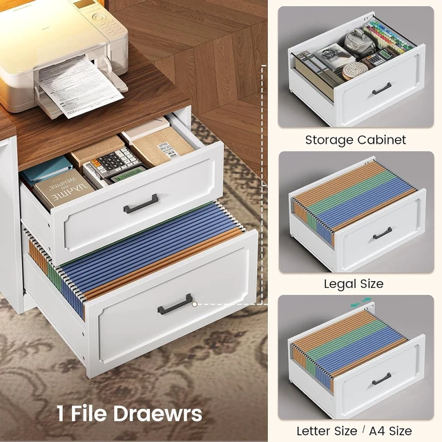 Alt view image 4 of 7 - Farmhouse L Shaped Standing Electric Desk with Storage, 76.8" x 72.8" Office Desk with 2 Drawers, Storage Cabinet, Power Outlet, Monitor Stand, Led Lights for Home Office White