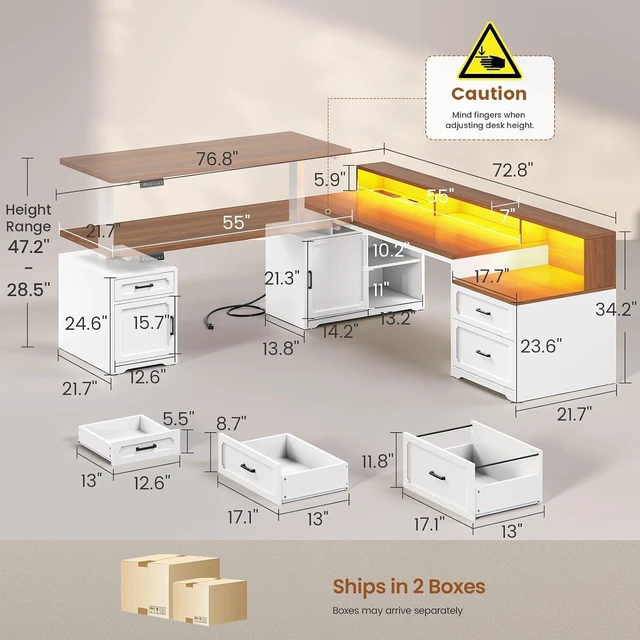 Alt view image 2 of 7 - Farmhouse L Shaped Standing Electric Desk with Storage, 76.8" x 72.8" Office Desk with 2 Drawers, Storage Cabinet, Power Outlet, Monitor Stand, Led Lights for Home Office White