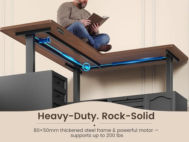 Alt view image 5 of 7 - Farmhouse L Shaped Executive Electric Standing Desk with 6 Drawers, 69" x 55" Height Adjustable Office Desk with Storage Shelves, Power Outlet, Sit Stand Computer Desk for Home Office, Black