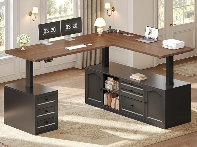 Main image of Farmhouse L Shaped Executive Electric Standing Desk with 6 Drawers, 69" x 55" Height Adjustable Office Desk with Storage Shelves, Power Outlet, Sit Stand Computer Desk for Home Office, Black