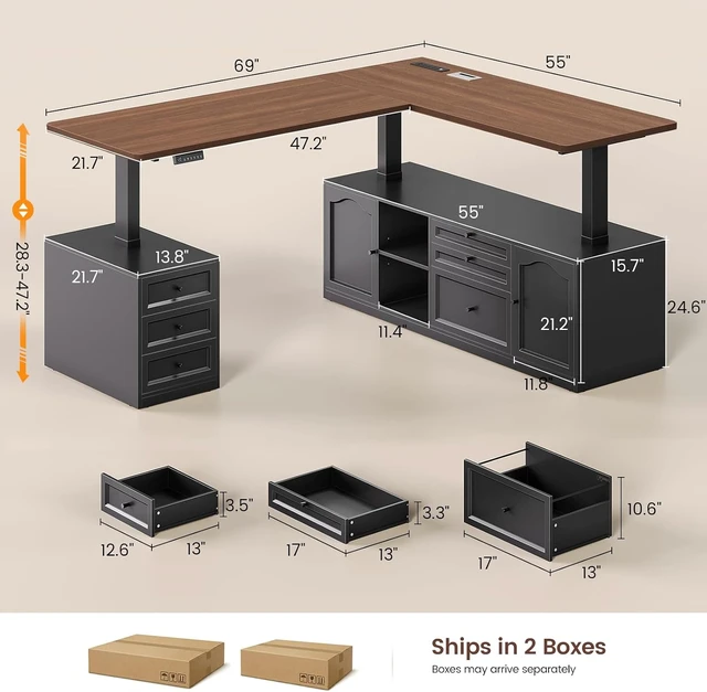 Alt view image 2 of 7 - Farmhouse L Shaped Executive Electric Standing Desk with 6 Drawers, 69" x 55" Height Adjustable Office Desk with Storage Shelves, Power Outlet, Sit Stand Computer Desk for Home Office, Black