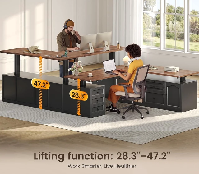 Alt view image 3 of 7 - Farmhouse L Shaped Executive Electric Standing Desk with 6 Drawers, 69" x 55" Height Adjustable Office Desk with Storage Shelves, Power Outlet, Sit Stand Computer Desk for Home Office, Black
