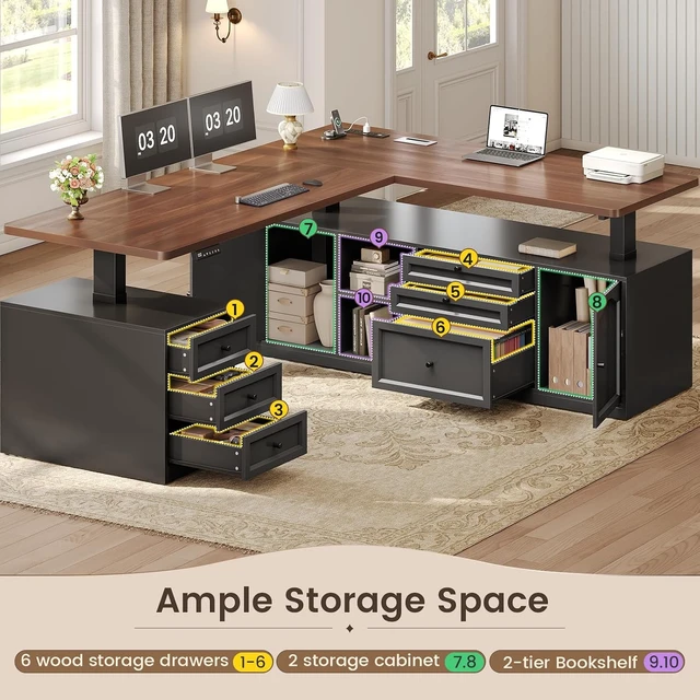 Alt view image 7 of 7 - Farmhouse L Shaped Executive Electric Standing Desk with 6 Drawers, 69" x 55" Height Adjustable Office Desk with Storage Shelves, Power Outlet, Sit Stand Computer Desk for Home Office, Black
