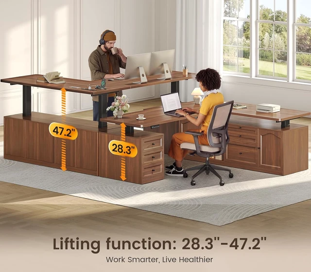 Alt view image 6 of 7 - Farmhouse L Shaped Executive Electric Standing Desk with 6 Drawers, 69" x 55" Height Adjustable Office Desk with Storage Shelves, Power Outlet, Sit Stand Computer Desk for Home Office, Brown
