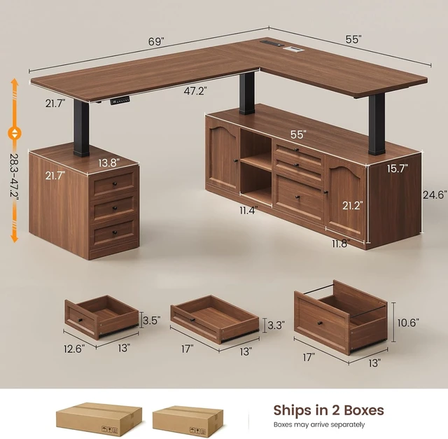 Alt view image 2 of 7 - Farmhouse L Shaped Executive Electric Standing Desk with 6 Drawers, 69" x 55" Height Adjustable Office Desk with Storage Shelves, Power Outlet, Sit Stand Computer Desk for Home Office, Brown