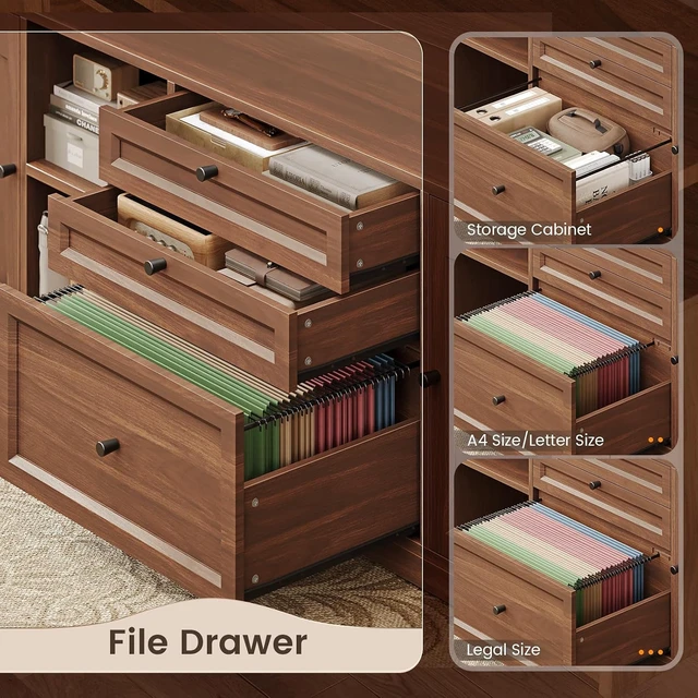 Alt view image 3 of 7 - Farmhouse L Shaped Executive Electric Standing Desk with 6 Drawers, 69" x 55" Height Adjustable Office Desk with Storage Shelves, Power Outlet, Sit Stand Computer Desk for Home Office, Brown