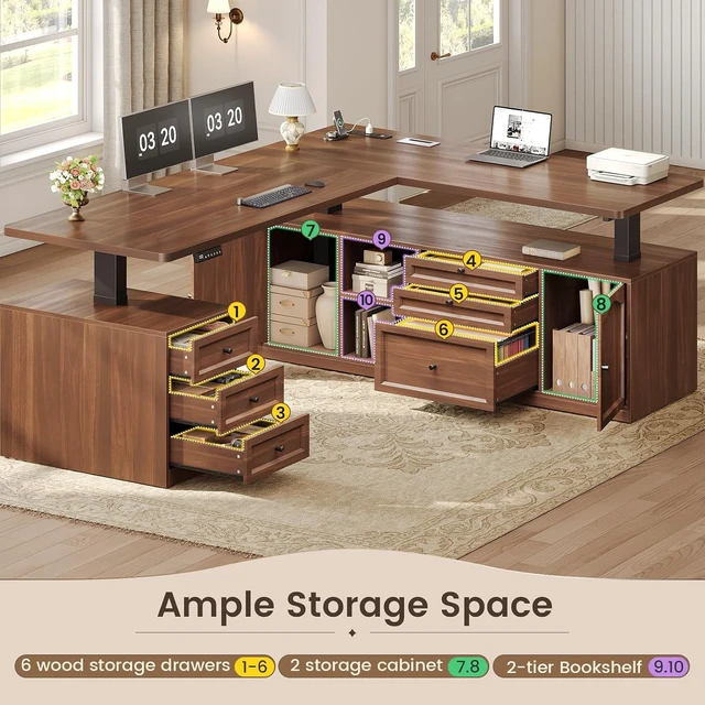 Alt view image 4 of 7 - Farmhouse L Shaped Executive Electric Standing Desk with 6 Drawers, 69" x 55" Height Adjustable Office Desk with Storage Shelves, Power Outlet, Sit Stand Computer Desk for Home Office, Brown
