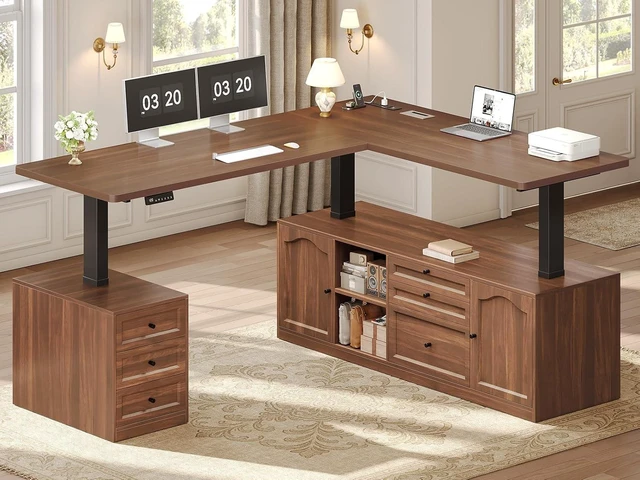 Main image of Farmhouse L Shaped Executive Electric Standing Desk with 6 Drawers, 69" x 55" Height Adjustable Office Desk with Storage Shelves, Power Outlet, Sit Stand Computer Desk for Home Office, Brown