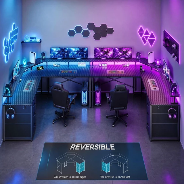 Alt view image 4 of 7 - 48 Gaming Desk with LED Lights&Power Strip,3 Drawers&Side Hooks, L Shaped Desk with 5.9"H Monitor Shelf, Double X-shaped Steel Frame,Dual Workspace Design for Small Spaces,Dorm,Office,Black