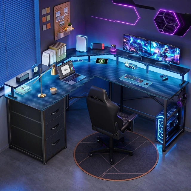 Main image of 48 Gaming Desk with LED Lights&Power Strip,3 Drawers&Side Hooks, L Shaped Desk with 5.9"H Monitor Shelf, Double X-shaped Steel Frame,Dual Workspace Design for Small Spaces,Dorm,Office,Black