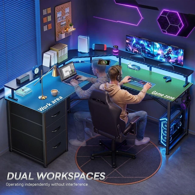 Alt view image 7 of 7 - 48 Gaming Desk with LED Lights&Power Strip,3 Drawers&Side Hooks, L Shaped Desk with 5.9"H Monitor Shelf, Double X-shaped Steel Frame,Dual Workspace Design for Small Spaces,Dorm,Office,Black