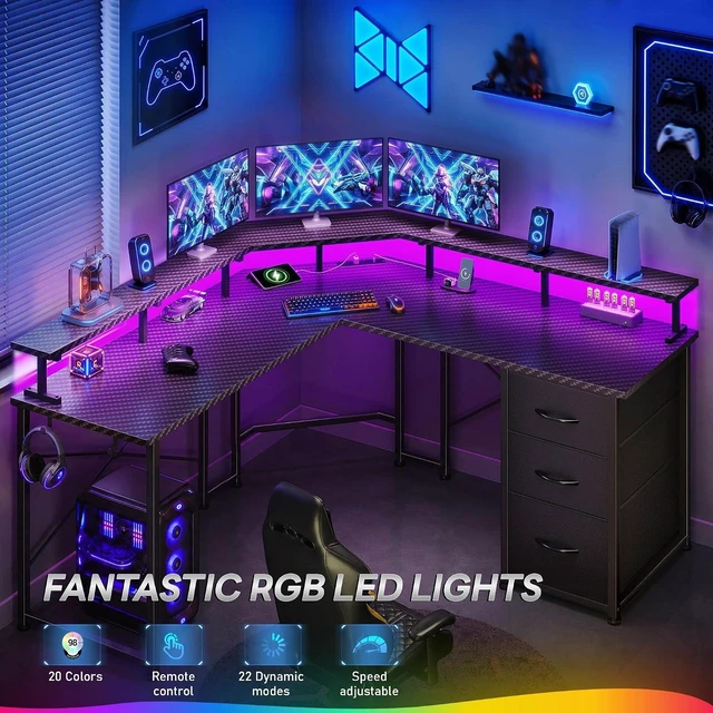 Alt view image 6 of 7 - 48 Gaming Desk with LED Lights&Power Strip,3 Drawers&Side Hooks, L Shaped Desk with 5.9"H Monitor Shelf, Double X-shaped Steel Frame,Dual Workspace Design for Small Spaces,Dorm,Office,Black