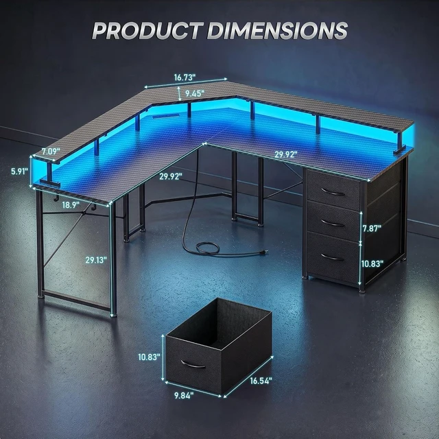 Alt view image 2 of 7 - 48 Gaming Desk with LED Lights&Power Strip,3 Drawers&Side Hooks, L Shaped Desk with 5.9"H Monitor Shelf, Double X-shaped Steel Frame,Dual Workspace Design for Small Spaces,Dorm,Office,Black