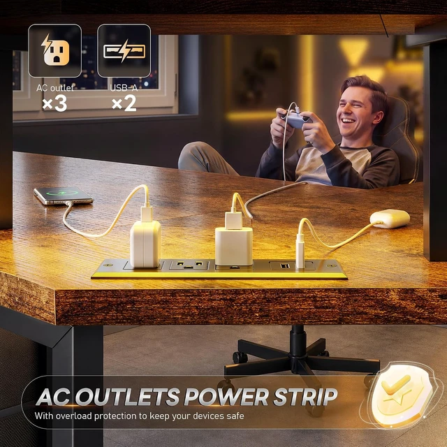 Alt view image 7 of 7 - 48 Corner Desk with LED Lights&Power Strip,3 Drawers&Side Hooks Gaming Desk with 5.9"H Monitor Shelf,Double X-shaped Steel Frame,Dual Workspace Design for Small Spaces,Dorm,Office,Brown