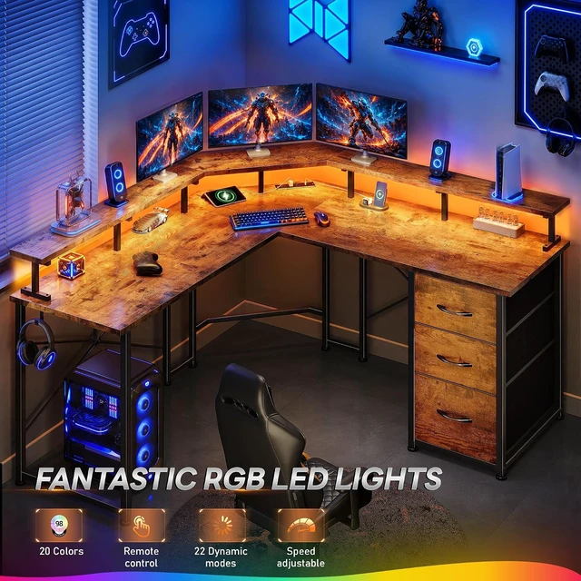 Alt view image 2 of 7 - 48 Corner Desk with LED Lights&Power Strip,3 Drawers&Side Hooks Gaming Desk with 5.9"H Monitor Shelf,Double X-shaped Steel Frame,Dual Workspace Design for Small Spaces,Dorm,Office,Brown