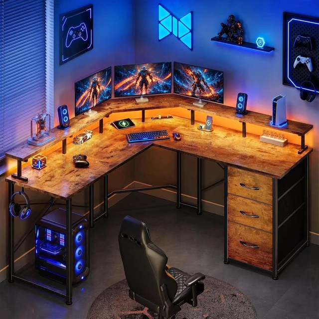 Main image of 48 Corner Desk with LED Lights&Power Strip,3 Drawers&Side Hooks Gaming Desk with 5.9"H Monitor Shelf,Double X-shaped Steel Frame,Dual Workspace Design for Small Spaces,Dorm,Office,Brown