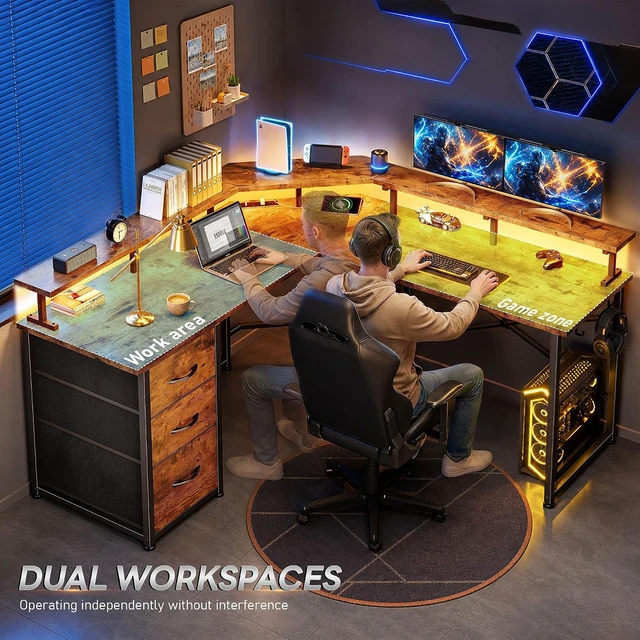 Alt view image 3 of 7 - 48 Corner Desk with LED Lights&Power Strip,3 Drawers&Side Hooks Gaming Desk with 5.9"H Monitor Shelf,Double X-shaped Steel Frame,Dual Workspace Design for Small Spaces,Dorm,Office,Brown