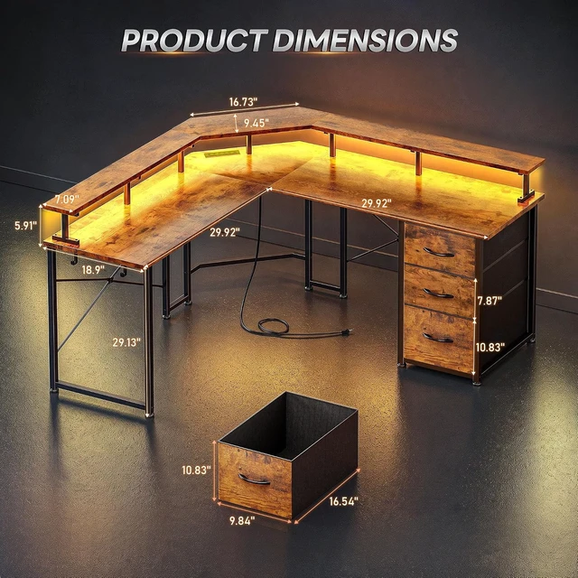 Alt view image 5 of 7 - 48 Corner Desk with LED Lights&Power Strip,3 Drawers&Side Hooks Gaming Desk with 5.9"H Monitor Shelf,Double X-shaped Steel Frame,Dual Workspace Design for Small Spaces,Dorm,Office,Brown