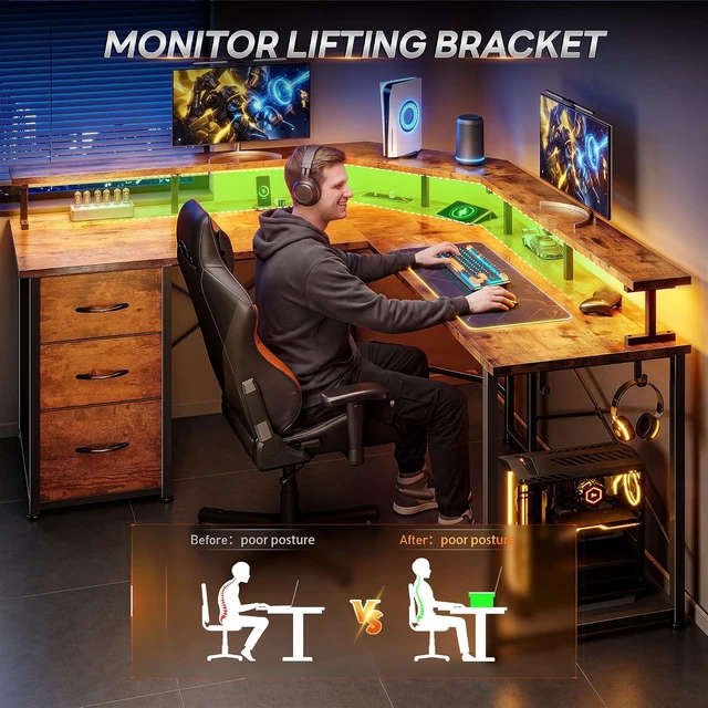 Alt view image 4 of 7 - 48 Corner Desk with LED Lights&Power Strip,3 Drawers&Side Hooks Gaming Desk with 5.9"H Monitor Shelf,Double X-shaped Steel Frame,Dual Workspace Design for Small Spaces,Dorm,Office,Brown