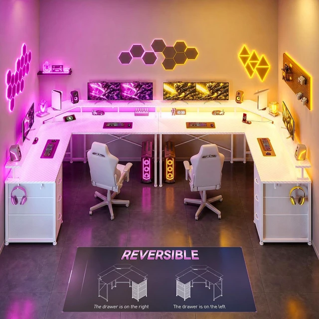 Alt view image 6 of 7 - 48 Computer Desk with 3 Drawers&Power Strip,LED Lights&Side Hook L Shaped Gaming Desk with 5.9"H Monitor Shelf,X-shaped Steel Frame,Dual Workspace Design for Small Spaces,Dorm,Office,White