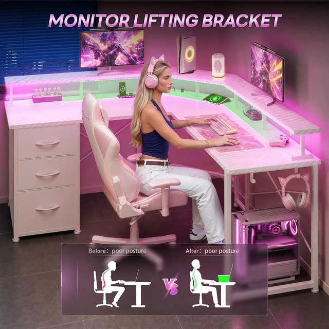 Alt view image 3 of 7 - 48 Computer Desk with 3 Drawers&Power Strip,LED Lights&Side Hook L Shaped Gaming Desk with 5.9"H Monitor Shelf,X-shaped Steel Frame,Dual Workspace Design for Small Spaces,Dorm,Office,White
