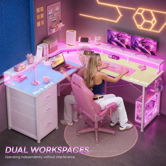 Alt view image 5 of 7 - 48 Computer Desk with 3 Drawers&Power Strip,LED Lights&Side Hook L Shaped Gaming Desk with 5.9"H Monitor Shelf,X-shaped Steel Frame,Dual Workspace Design for Small Spaces,Dorm,Office,White