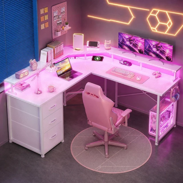 Main image of 48 Computer Desk with 3 Drawers&Power Strip,LED Lights&Side Hook L Shaped Gaming Desk with 5.9"H Monitor Shelf,X-shaped Steel Frame,Dual Workspace Design for Small Spaces,Dorm,Office,White
