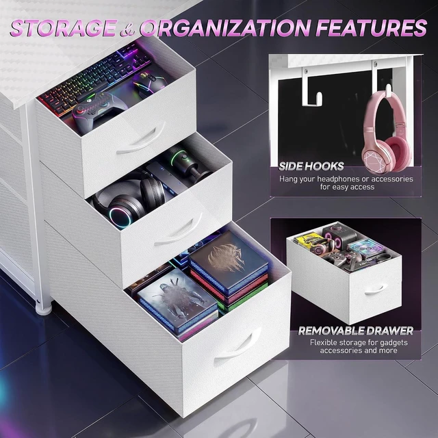 Alt view image 7 of 7 - 48 Computer Desk with 3 Drawers&Power Strip,LED Lights&Side Hook L Shaped Gaming Desk with 5.9"H Monitor Shelf,X-shaped Steel Frame,Dual Workspace Design for Small Spaces,Dorm,Office,White