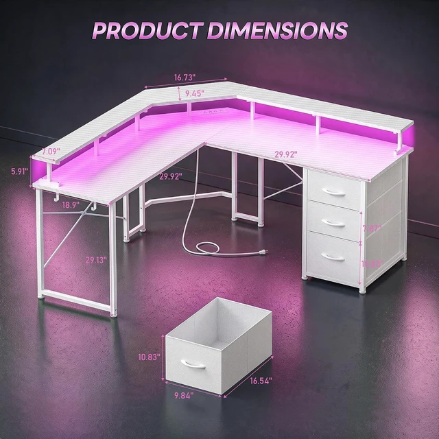 Alt view image 2 of 7 - 48 Computer Desk with 3 Drawers&Power Strip,LED Lights&Side Hook L Shaped Gaming Desk with 5.9"H Monitor Shelf,X-shaped Steel Frame,Dual Workspace Design for Small Spaces,Dorm,Office,White