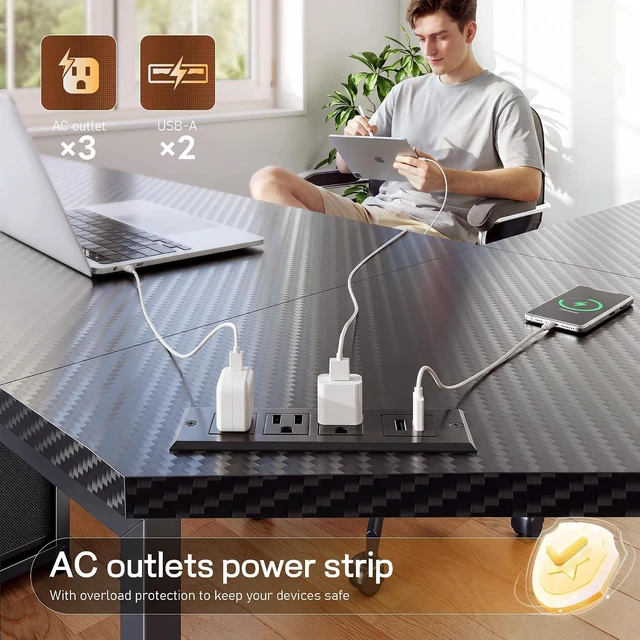 Alt view image 4 of 7 - 62 L Shaped Corner Desk with 3 Drawers,Power Strip&2 Side Hooks, Computer Desk,Double X-shaped Steel Frame,Extended Panel Design,Dual Workspace Design,Large Home Office Desk,Black