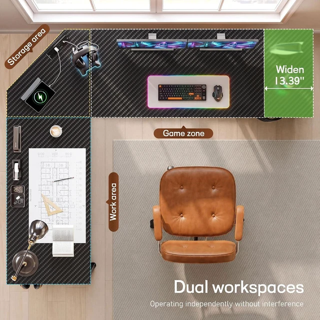 Alt view image 5 of 7 - 62 L Shaped Corner Desk with 3 Drawers,Power Strip&2 Side Hooks, Computer Desk,Double X-shaped Steel Frame,Extended Panel Design,Dual Workspace Design,Large Home Office Desk,Black