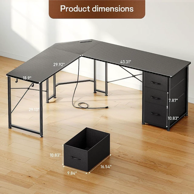 Alt view image 2 of 7 - 62 L Shaped Corner Desk with 3 Drawers,Power Strip&2 Side Hooks, Computer Desk,Double X-shaped Steel Frame,Extended Panel Design,Dual Workspace Design,Large Home Office Desk,Black