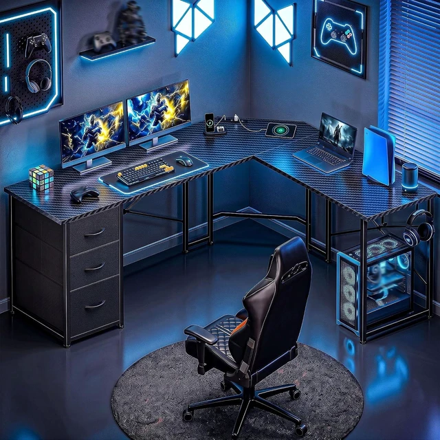 Main image of 62 L Shaped Corner Desk with 3 Drawers,Power Strip&2 Side Hooks, Computer Desk,Double X-shaped Steel Frame,Extended Panel Design,Dual Workspace Design,Large Home Office Desk,Black