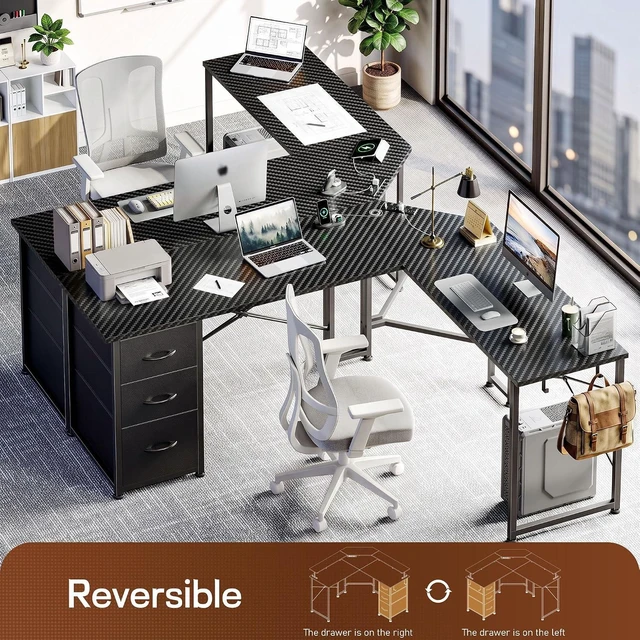 Alt view image 3 of 7 - 62 L Shaped Corner Desk with 3 Drawers,Power Strip&2 Side Hooks, Computer Desk,Double X-shaped Steel Frame,Extended Panel Design,Dual Workspace Design,Large Home Office Desk,Black
