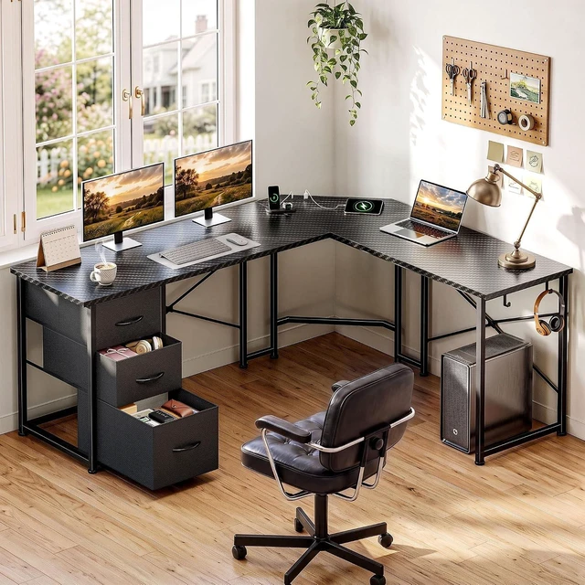 Alt view image 7 of 7 - 62 L Shaped Corner Desk with 3 Drawers,Power Strip&2 Side Hooks, Computer Desk,Double X-shaped Steel Frame,Extended Panel Design,Dual Workspace Design,Large Home Office Desk,Black