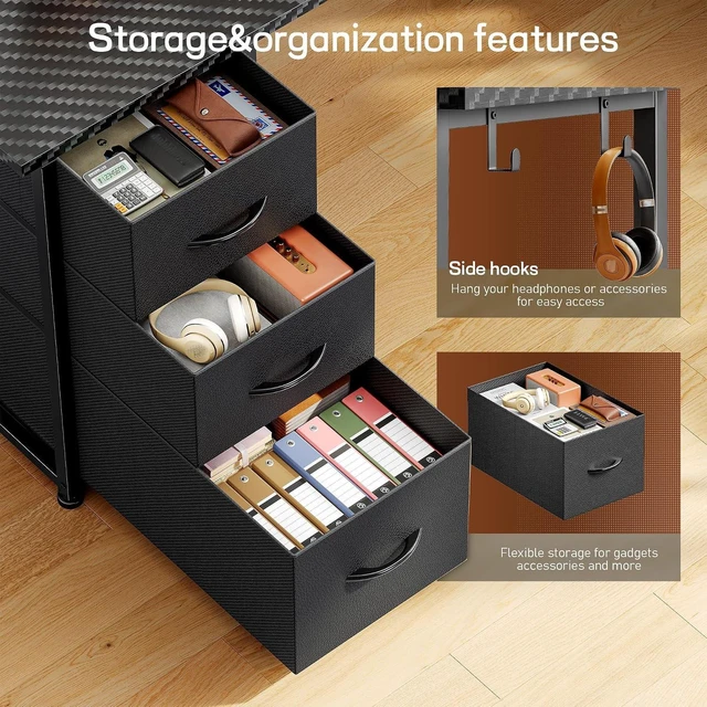 Alt view image 6 of 7 - 62 L Shaped Corner Desk with 3 Drawers,Power Strip&2 Side Hooks, Computer Desk,Double X-shaped Steel Frame,Extended Panel Design,Dual Workspace Design,Large Home Office Desk,Black