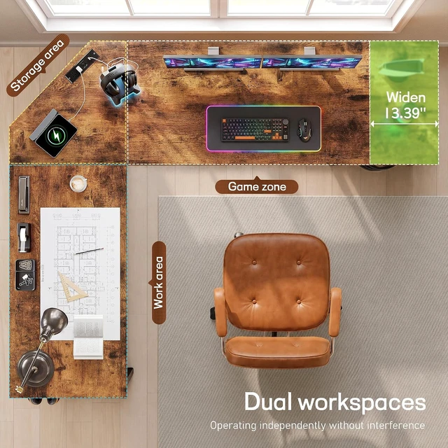 Alt view image 5 of 7 - 62 L Shaped Corner Desk with 3 Drawers,Power Strip&2 Side Hooks, Computer Desk,Double X-shaped Steel Frame,Extended Panel Design,Dual Workspace Design,Large Home Office Desk,Brown