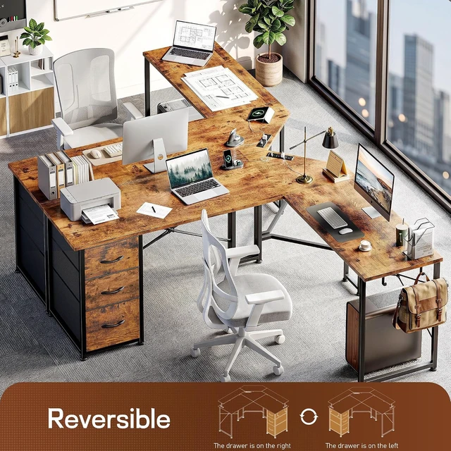 Alt view image 3 of 7 - 62 L Shaped Corner Desk with 3 Drawers,Power Strip&2 Side Hooks, Computer Desk,Double X-shaped Steel Frame,Extended Panel Design,Dual Workspace Design,Large Home Office Desk,Brown